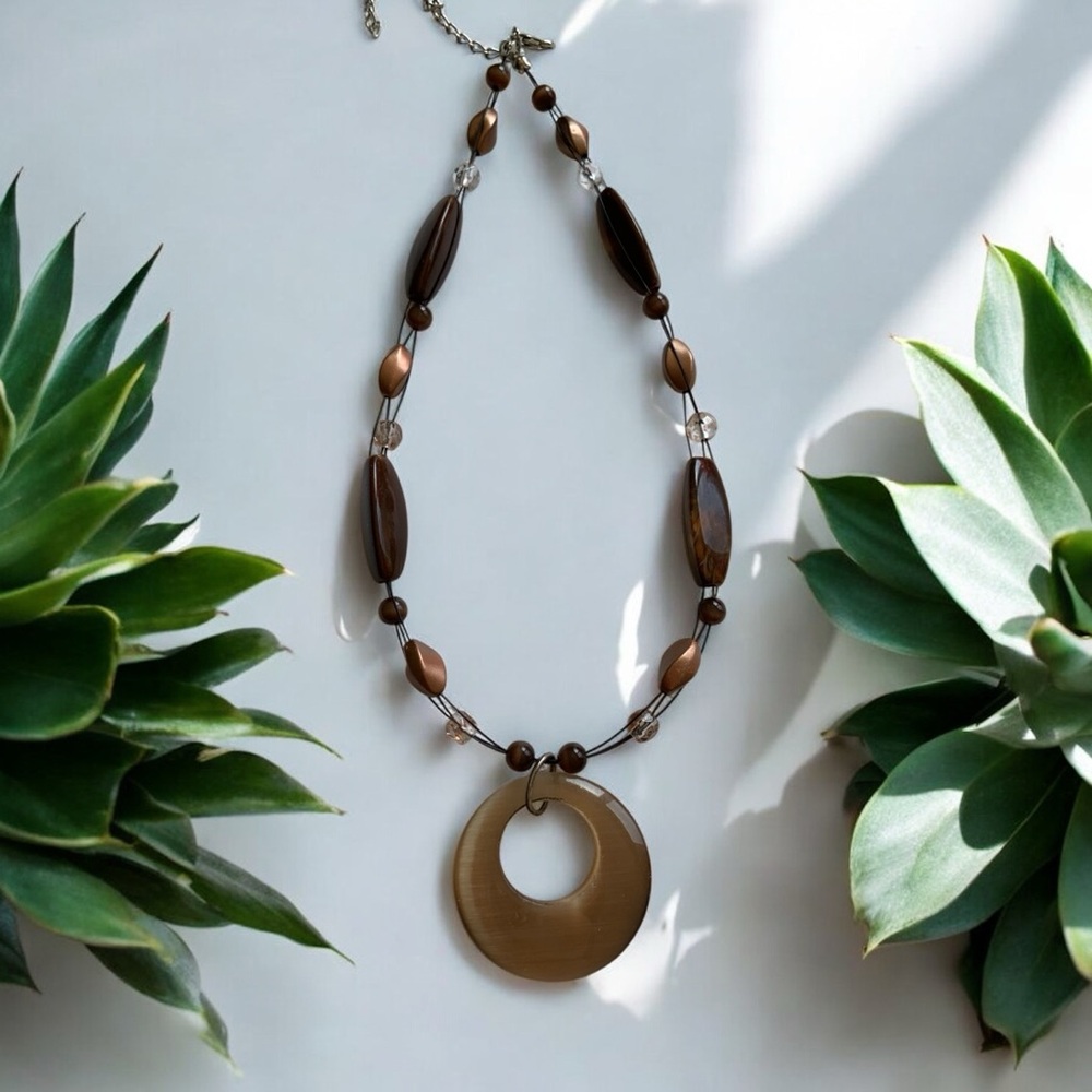 Elegant Fall Tones Beaded Necklace with Stunning Moon Glow Centerpiece